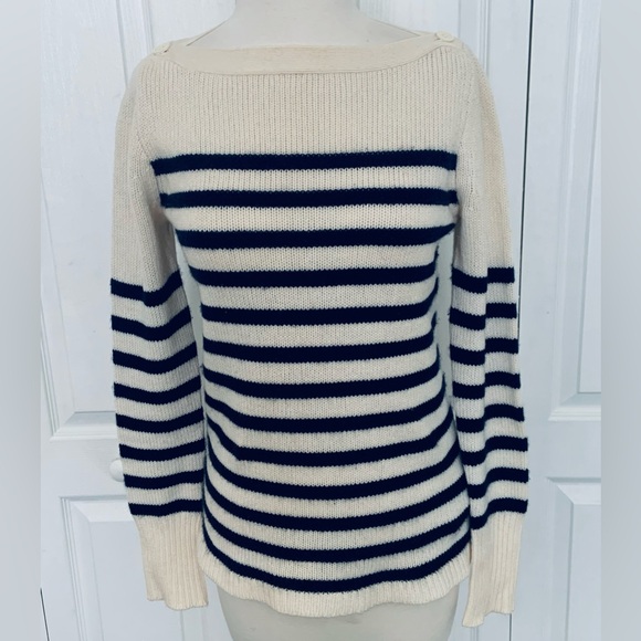 J. Crew Collection Cashmere Sweater Striped Ivory Navy Italy Marine - Picture 10 of 10